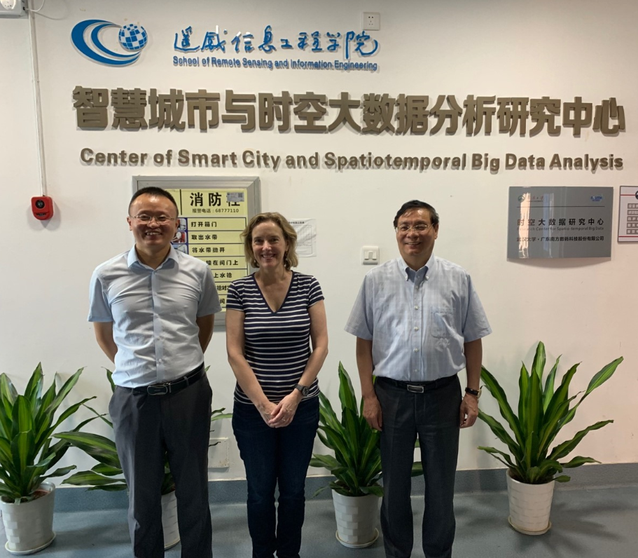 (right to left) Prof. Jianya Gong (the Dean of School of Remote Sensing and Information Engineering), Prof. Kathleen Stewart (Director Center for Geospatial Information Science, Univ. of Maryland),  Prof. Peng Yue, Associate Chair Dept. of Geographic Information Engineering, Director,  Institute of Geospatial Institute of Geospatial Information and Location Based Services