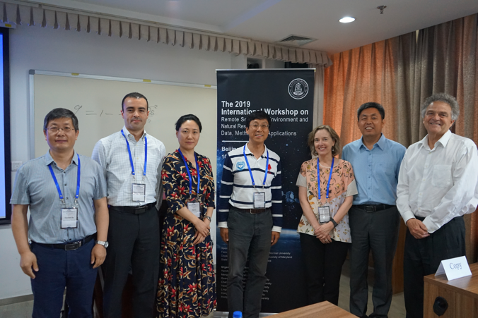 Right to left Chris Justice (GEOG Chair), Wu Junju (Associate Dean of the Faculty of Geographical Science, BNU), Kathleen Stewart (Director GEOG GI Science Center), Mengxue Li (Asst Dean Int. Affairs, UMD BSOS), Suju Li (Associate Director, National Center for Natural Disaster Reduction), Miguel Roman (USRA), Yanchen Bo (State Key Lab. of Remote Sensing Science, BNU)