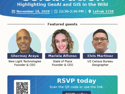 Flyer for CGIS GIS Day Celebration on Wednesday November 18th, 2026 from 12:30 PM - 2:30 PM in LeFrak 1158. Lunch will be provided. RSVP at https://docs.google.com/forms/d/e/1FAIpQLSfc8hoJnJ2xyjL09gNH4Ip7K2zJ9aNIOgo3iSYSeZxsIjM1dg/viewform