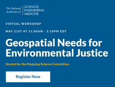 Slide with Text: May 21st at 11:00am-5:10pm EDT. "Geospatial Need For Environmental Justice"