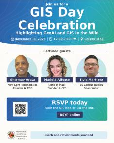 Flyer for CGIS GIS Day Celebration on Wednesday November 18th, 2026 from 12:30 PM - 2:30 PM in LeFrak 1158. Lunch will be provided. RSVP at https://docs.google.com/forms/d/e/1FAIpQLSfc8hoJnJ2xyjL09gNH4Ip7K2zJ9aNIOgo3iSYSeZxsIjM1dg/viewform