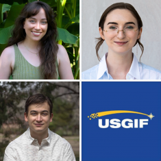4 image collage with a photo of two women, a man and the USGIF logo